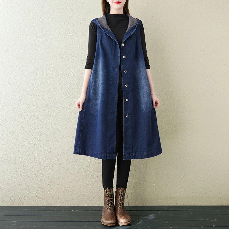 Women Denim Vest Vintage Long Style Spring Autumn Sleeveless Outerwear All-Match Design Female Jean Waistcoat