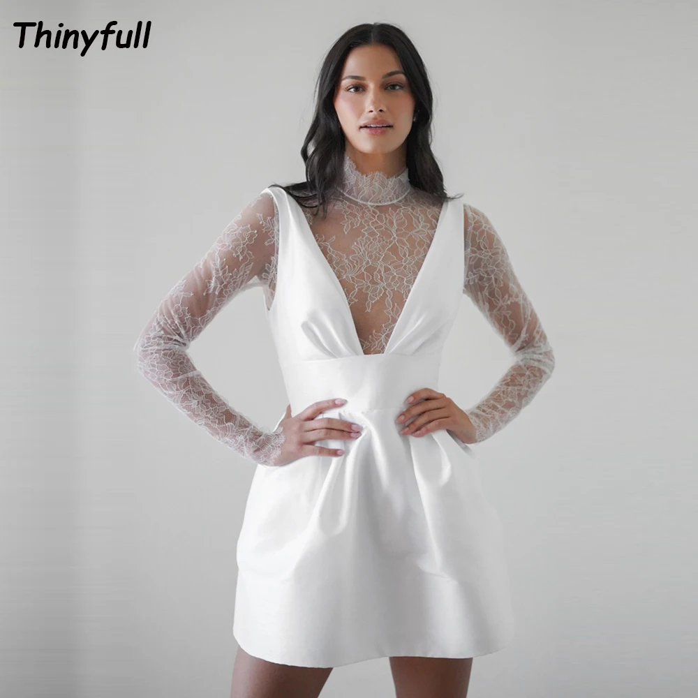 

Thinyfull Short Simple Wedding Dresses A-line Long Sleeves Wedding Party Dress Princess 2024 Satin/Lace Beach Bridal Gowns