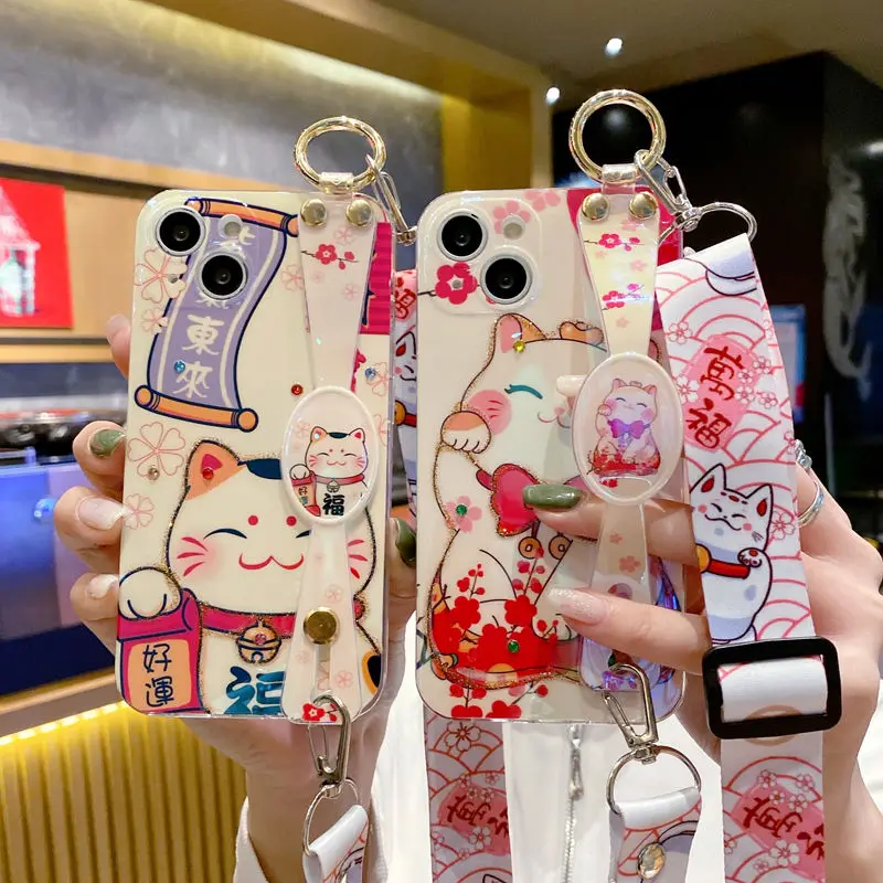 Rhinestone Powder Lucky Cat Wrist Belt Crossbody Case for iPhone 14 Plus 14 Pro 13 Promax 12 11 Xsmax Xr Xs Cute Girl Case
