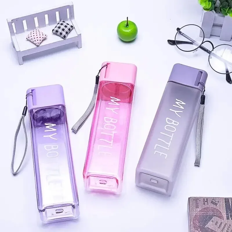 Clear Square Drinking Glass Plastic Portable Water Bottle Milk Cable Outdoor Sports 1 Pcs