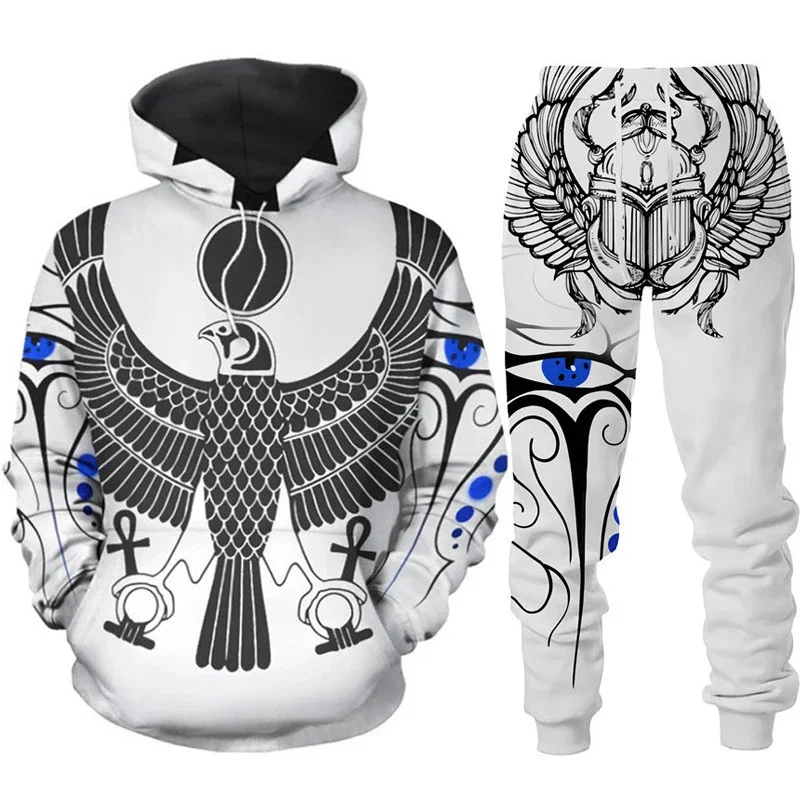 Men Hoodie Sets 3D Print Ancient Horus Egyptian God Eye of Egypt Pharaoh  Casual Loose Men's Hoodie+Pants Streetwear Jogging Set 5