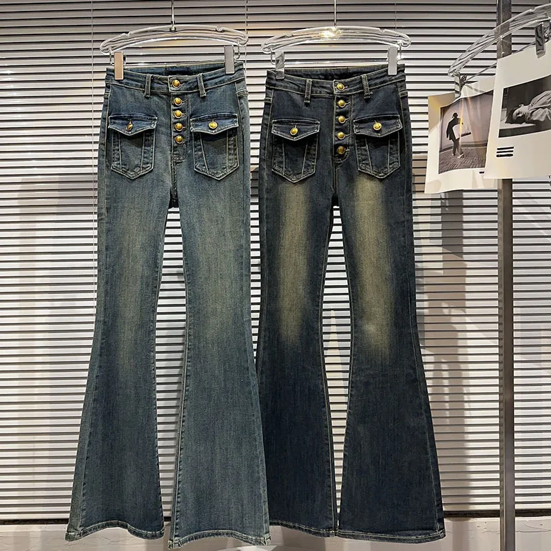 

Элегантные джинсы во Франции, женские корейские дизайнерские расклешенные брюки с высокой талией, женские повседневные милые джинсовые брюки с карманами, Новинка осени 2023