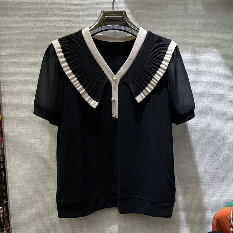

Lace Pleats Contrasting Colors V-neck Women Summer New Ruffles Ice Shreds Short Sleeved T-shirt Comfortable All-match Tops