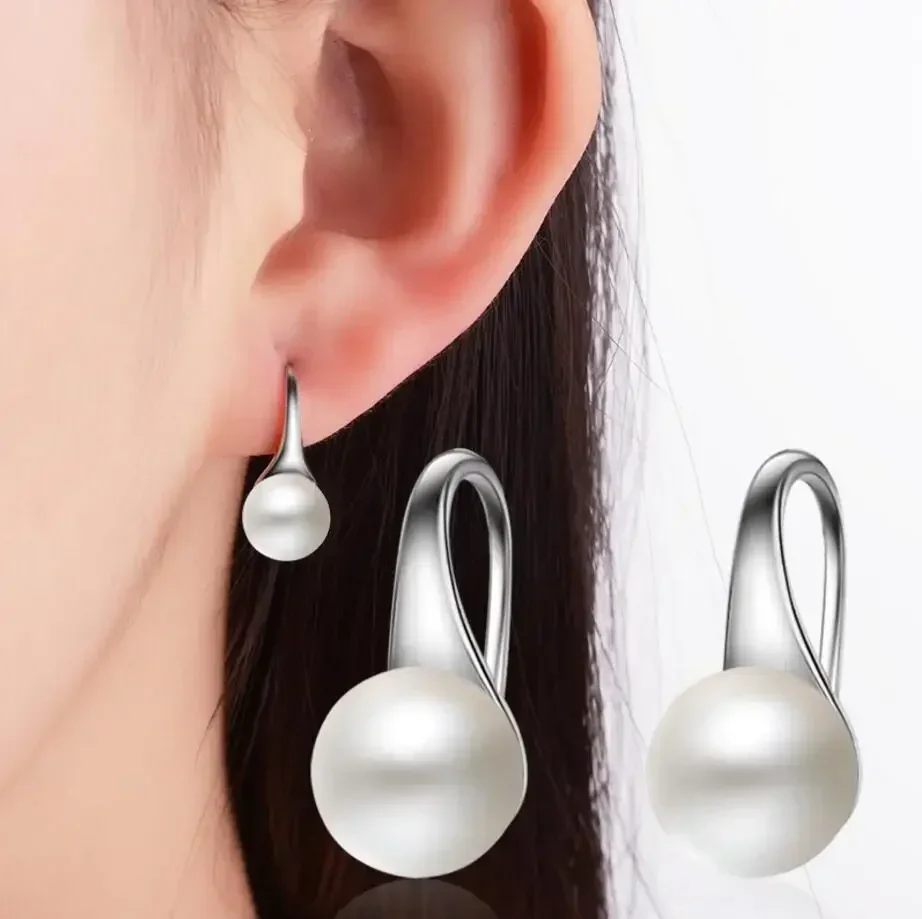 Hot Fine 925 Sterling Silver Earrings for Women Luxury Round Freshwater Pearl Hook Dangle Wedding Couple Gifts Jewelry - 2