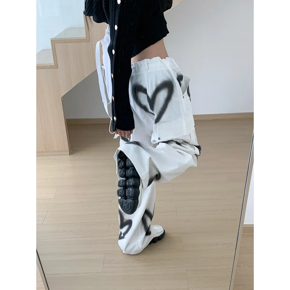 Fashion Spice Girl Minority Jeans Women's Spring New Sweet and Cool Heart-shaped Graffiti Jeans Wide-leg Pants Baggy Jeans Women