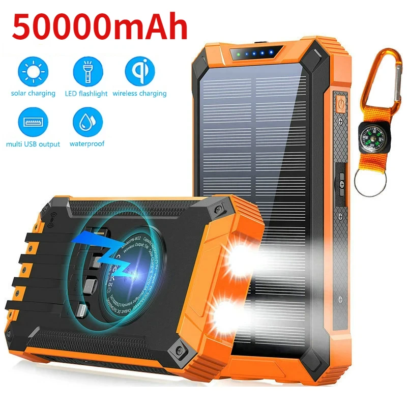 2024 Nuova Banca Di Energia Solare Wireless Da Esterno Da 50000Mah Con Caricabatteria Esterno A Luce Led Per Iphone 14, Samsung, Xiaomi