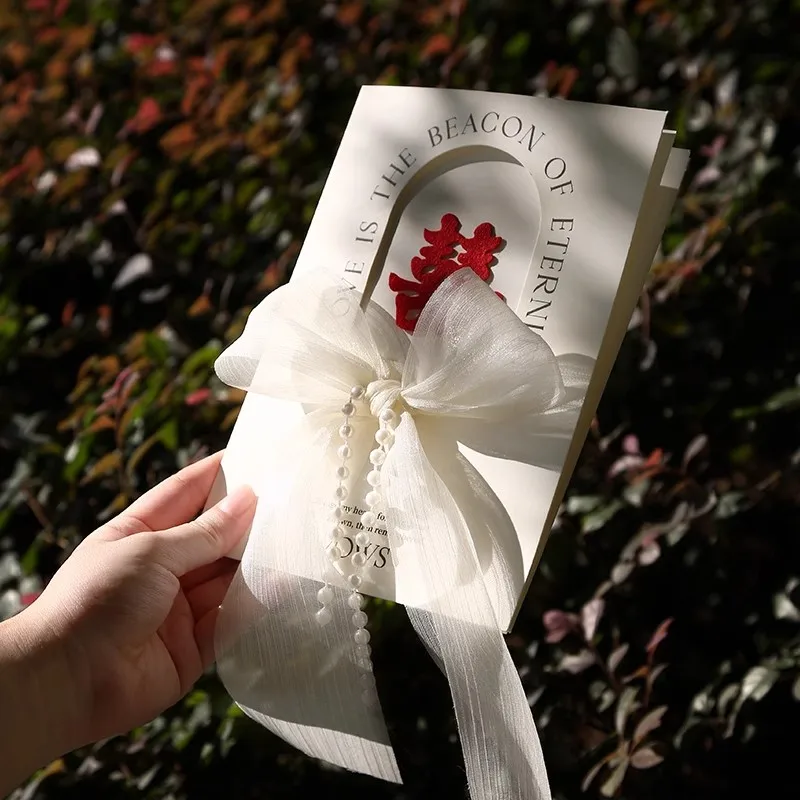 2pcs Vow Books Wedding Concave and Convex Design Cards for Party Decoration Invite Gift His And Her Vows Card with Ribbon