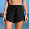 Anfilia Women Swim Shorts High Waist Drawstrings with Hidden Zipper Side Pockets Built In Boxer Solid High Waist Board Shorts 2