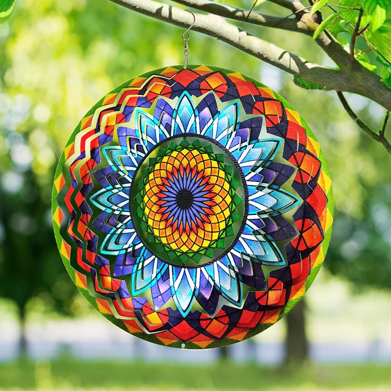 PSATHENATI Wind Spinner Mandala Sun Flower 12in 3D Stainless Steel Art Geometric Pattern Hanging Kinetic Yard Art Decorations