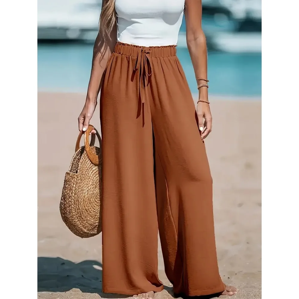 Womens Casual Wide Leg Pants Loose High Waisted Long Trousers Solid Color Soft Polyester Straight Culottes for Summer 5