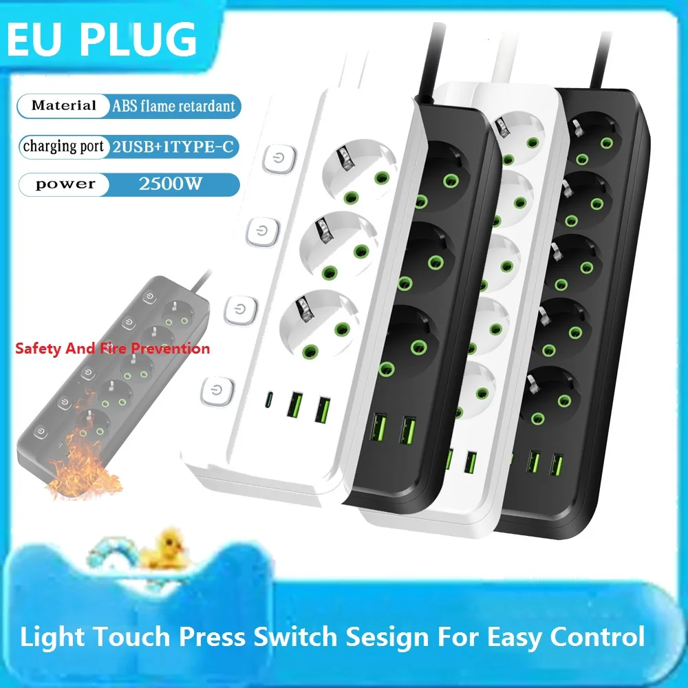 EU Plug Power Strip with 3/5 Outlets, Dual USB Ports, and Type C Socket - 2M Cord with Safety and Fire Prevention Features
