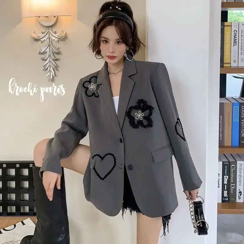 Vintage Oversized Women Blazers Long Sleeves Suit Jacket Flowers Embroidery Luxury Designer Clothing Coats Y2k Harajuku