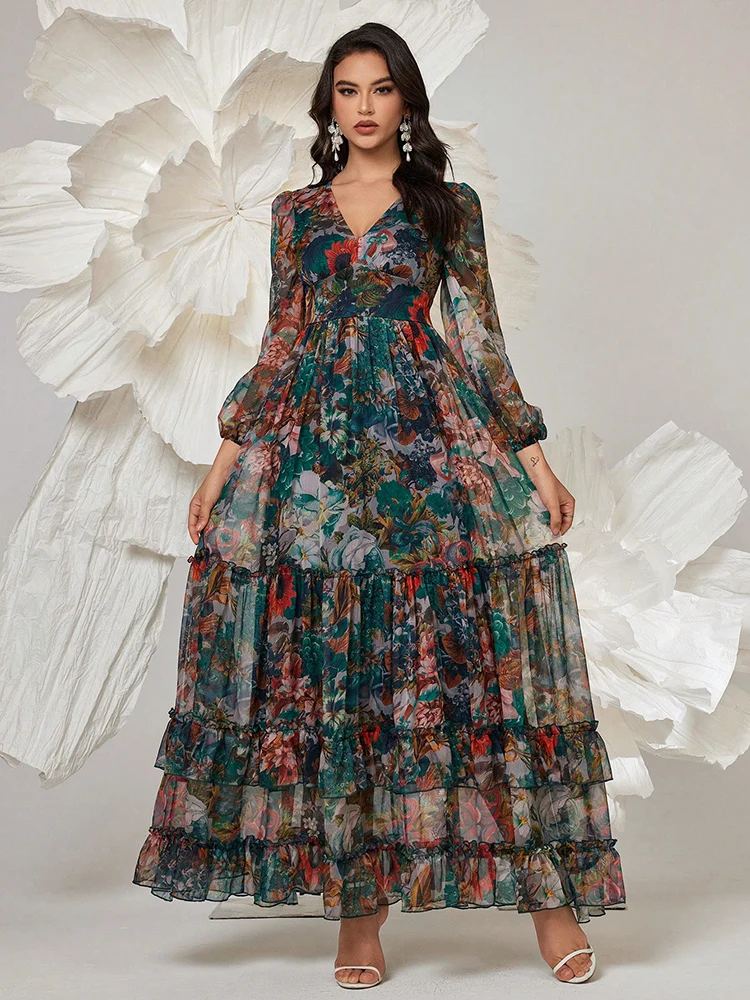TOLEEN Women's Vintage Floral Print Long Sleeve Frill Trim Summer Maxi Dress  2024 New Casual Elegant Boho Vacation Party Dresses - AliExpress 200000345