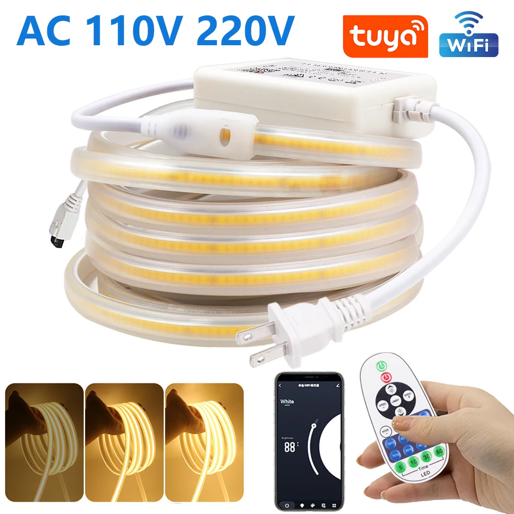 Tira de luces LED COB de 110V, 220V, 288Led/m, lámpara Flexible para jardín  al aire libre, Tuya, Wifi, Kit de alimentación remota de 23 teclas, cinta  LED impermeable - AliExpress