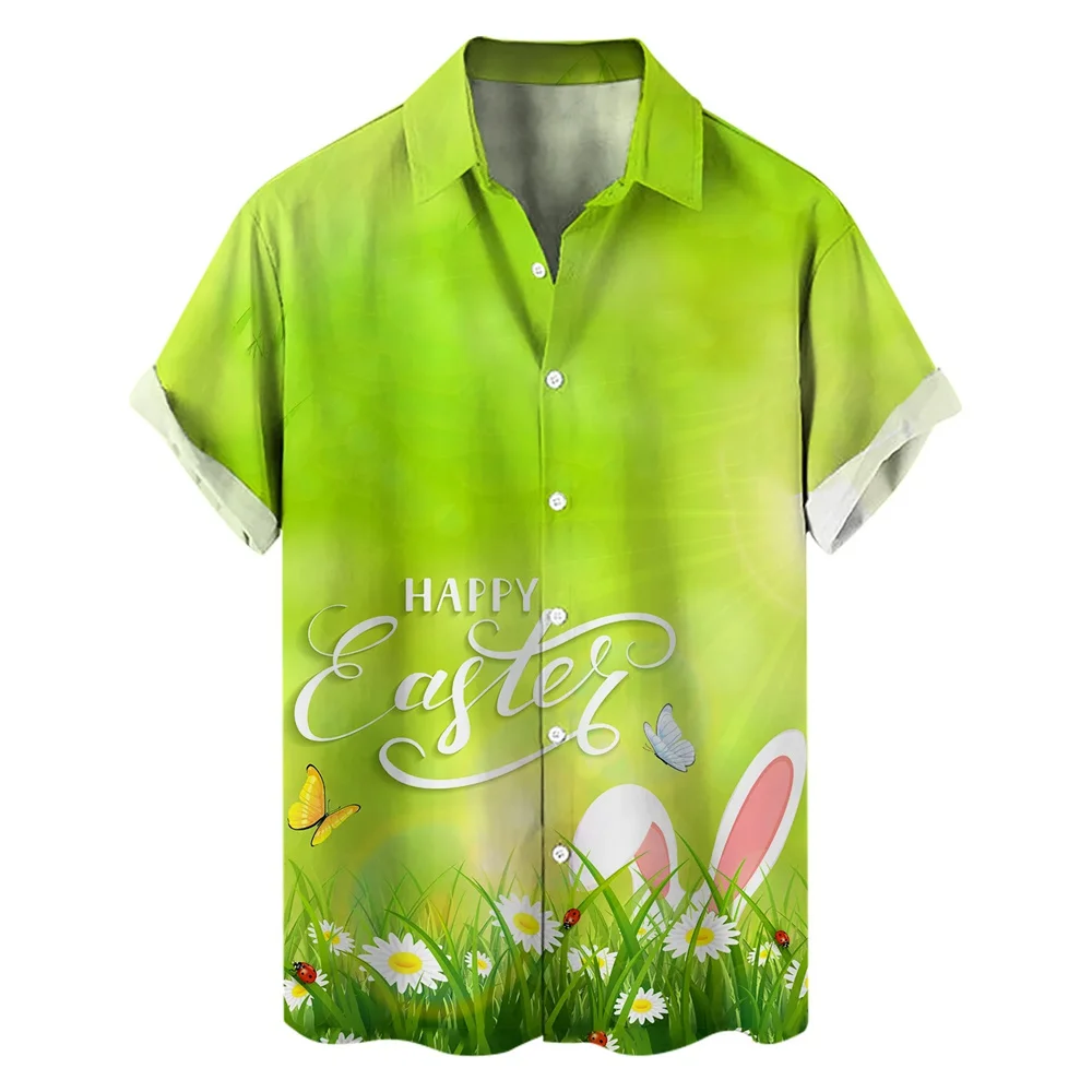 thumbnail image 1 of Camisa hawaiana con estampado de dibujos animados en 3D para hombre y mujer, ropa de verano, camisa de playa con conejo para el día de Pascua, regalos para niños, blusas con botones, 1 of 5