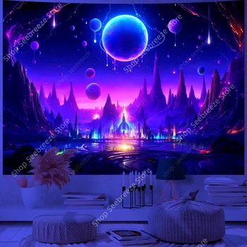Tapisserie murale réactive UV de paysage spatial de galaxie, planète Trippy, rivière de montagne, tapisserie murale d'art néon pour chambre à coucher, dortoir, décor de fête 1