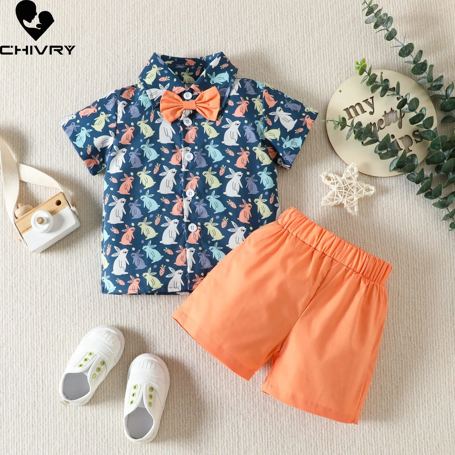 

Summer Boys Clothing Sets New 2023 Baby Boy Short Sleeve Lapel Cartoon Rabbit Print Shirt Tops with Solid Shorts Kids Clothes