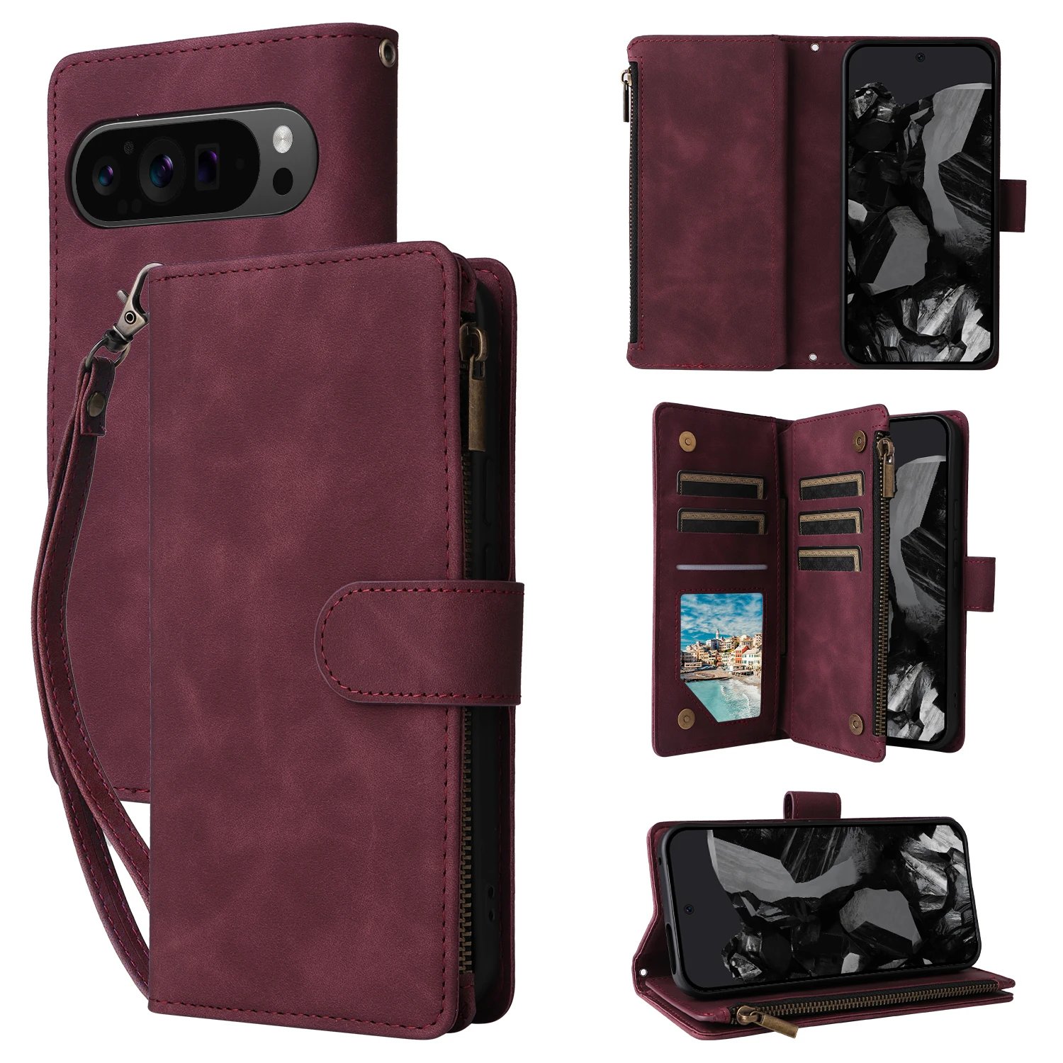 Crossbody Leather Wallet Phone Case with Strap and Stand Feature