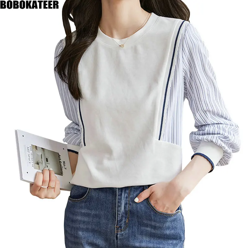 

BOBOKATEER Пуловеры, женская одежда, винтажные повседневные топы, свободные свитер с длинным рукавом, корейские модные толстовки в Полосы стиле пэчворк , женские футболки белая осень 2023