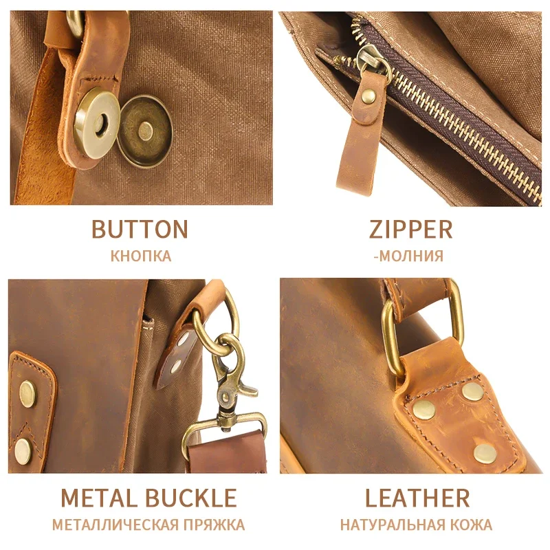 Vintage Crazy Horse Leather Canvas Messenger Bag Laptop Briefcase Crossbody Satchel