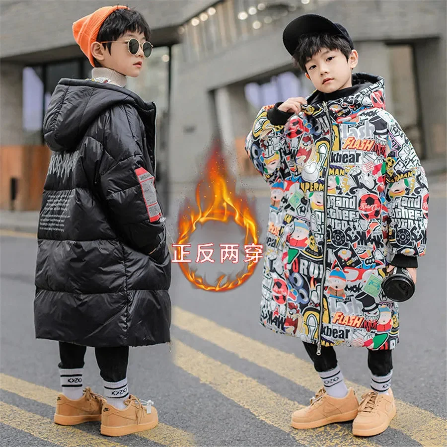 

2024 Winter Children's Fashion Long Coat Boys Double-sided Down Coats Warm Thicken Parker Hooded Jacket 8 10 12 14 Y