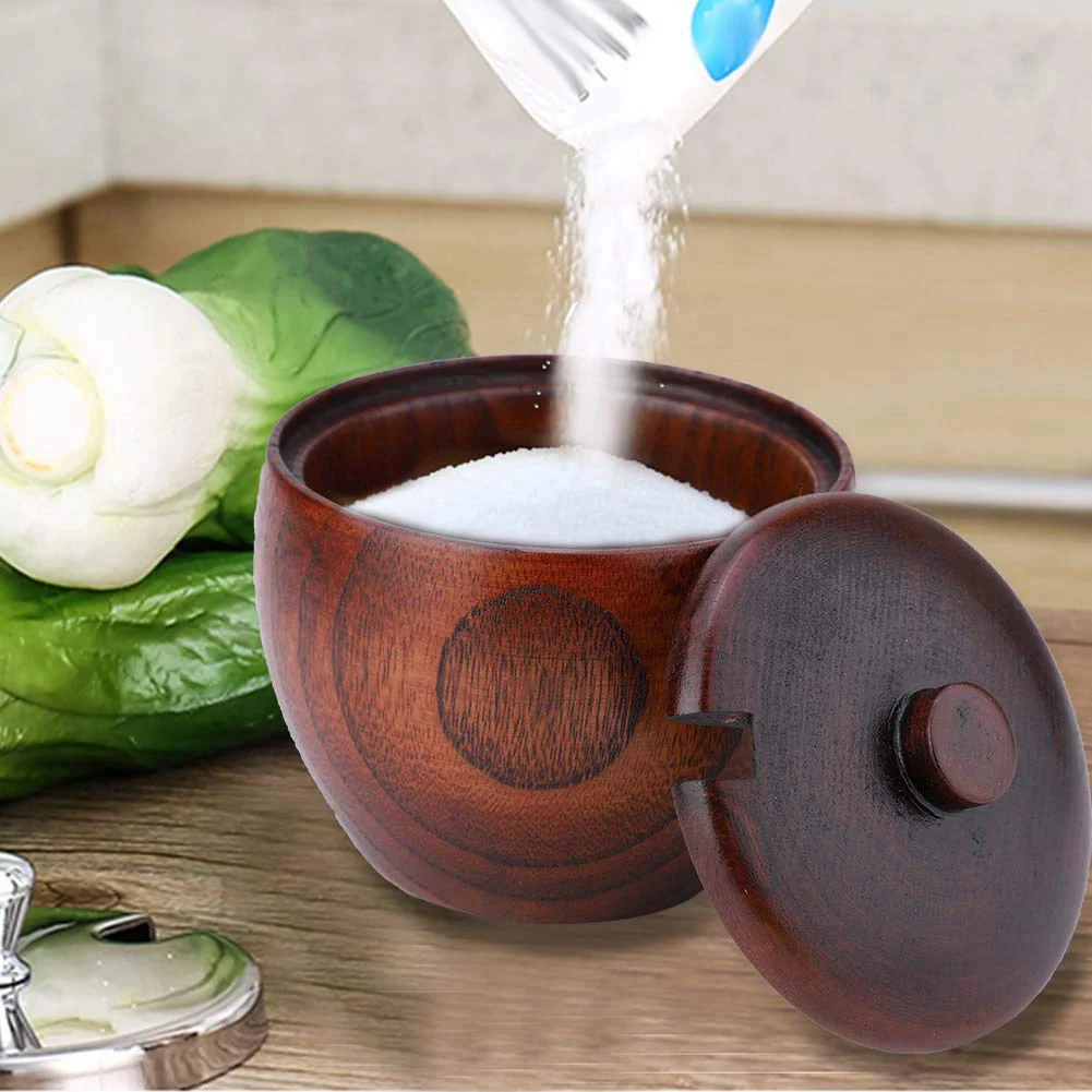 Solid Wood Spice Jar Sugar Bowl Salt Pepper Seasoning Box Japanese Style With And Lid Kitchen Tool-AT64