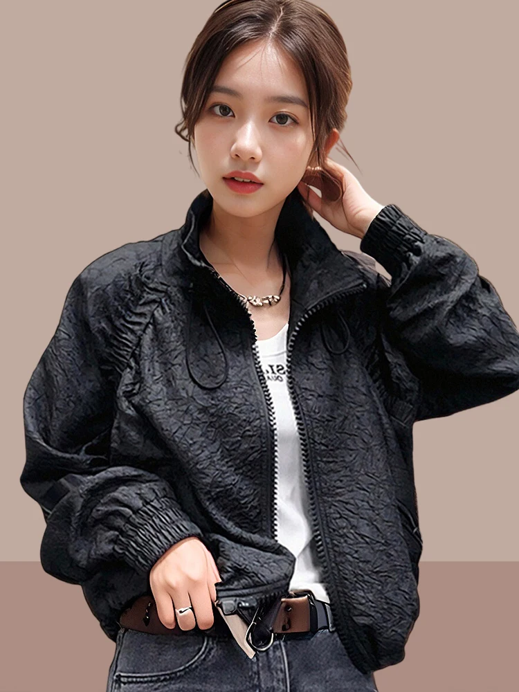 

2024 Women's Spring Autumn Fashion Short Casual Jacket Female Solid Color Thin Coats Ladies Stand Collar Loose Overcoats Q14