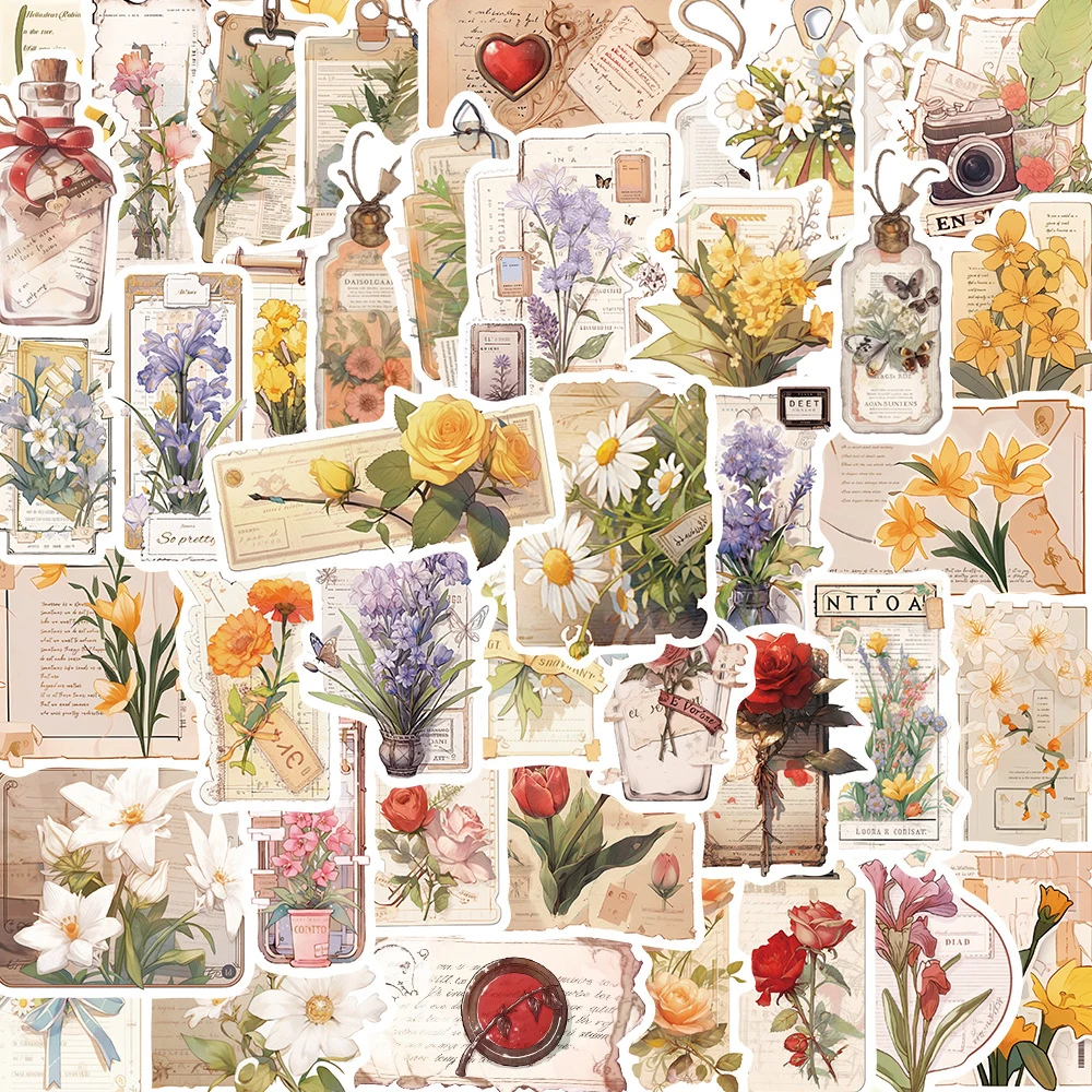 

10/30/50pcs Creative Vintage Flowers Plant Stickers Cartoon Kawaii Graffiti Decal Scrapbooking Suitcase Toys Sticker for Girls