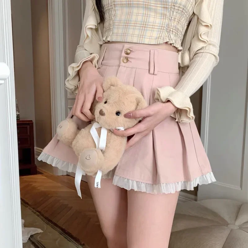 HOUZHOU Kawaii Pink Pleated Skirt Women Japanese Cute Lace Patchwork High Waist Lolita A-line Mini Skirt Soft Girl Korean Summer фотополимер harz labs dental soft pink 0 5 кг