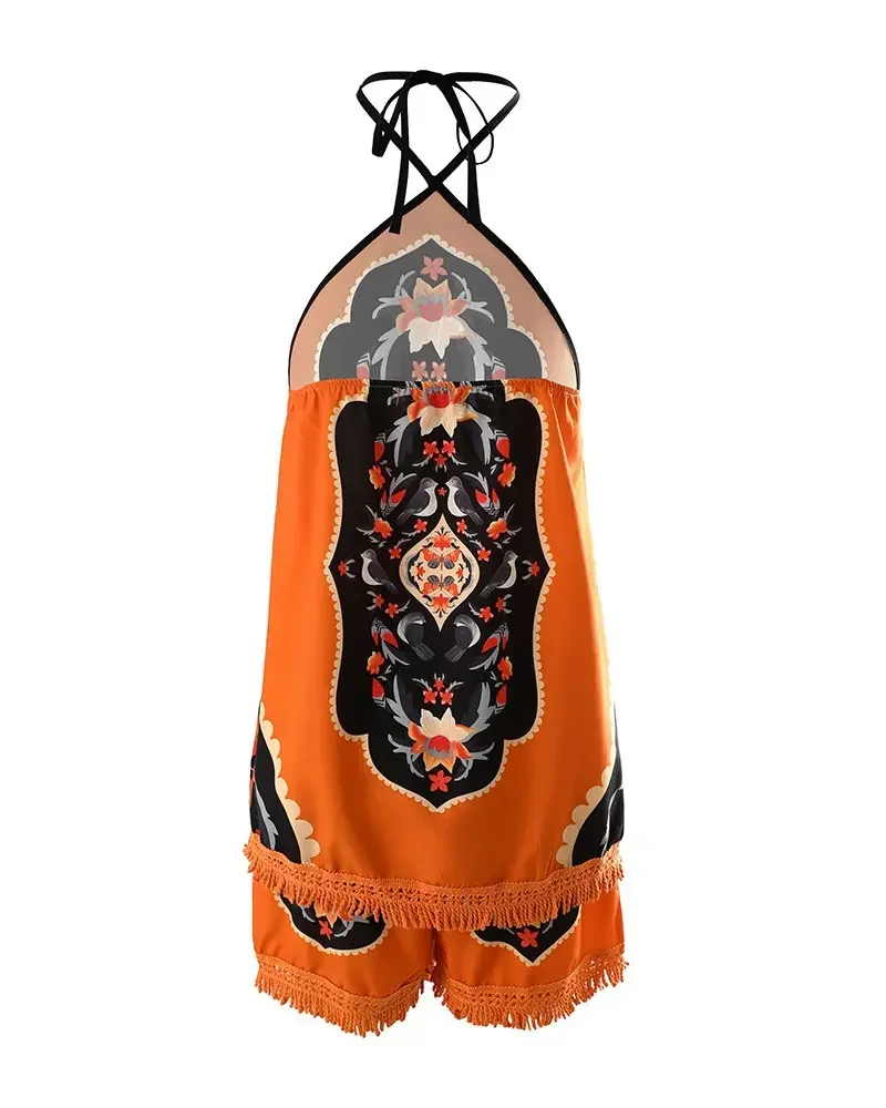 Women Two Piece Outfits 2024 New Wome Tribal Print Tassel Trim Halter Top & Vintage Shorts Set