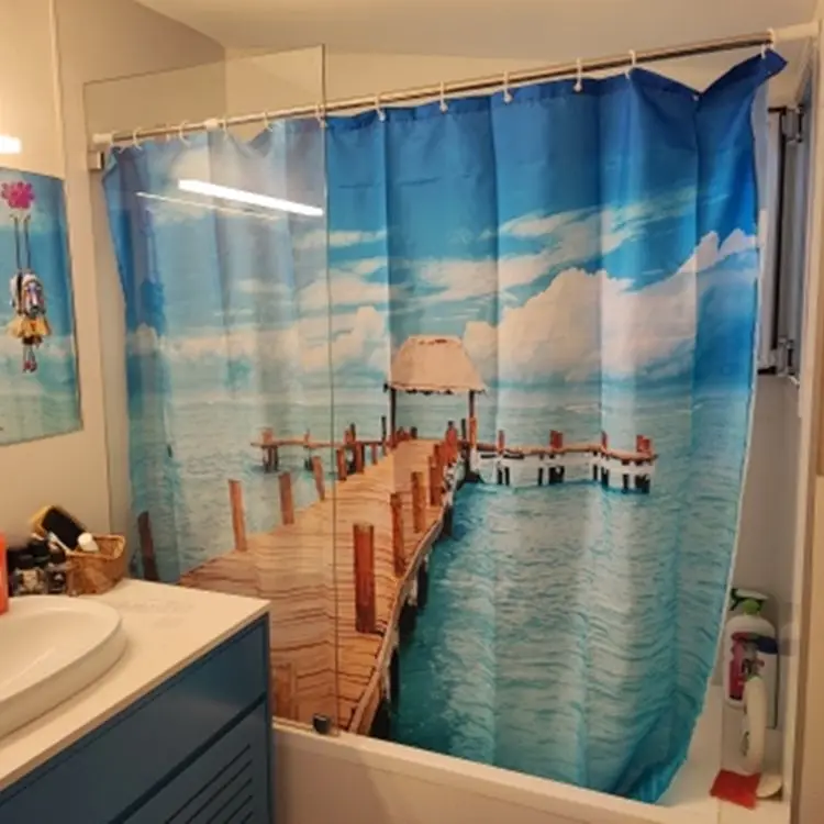 Ocean Wave Beach Black Striped Print Waterproof Shower Curtain with Hooks