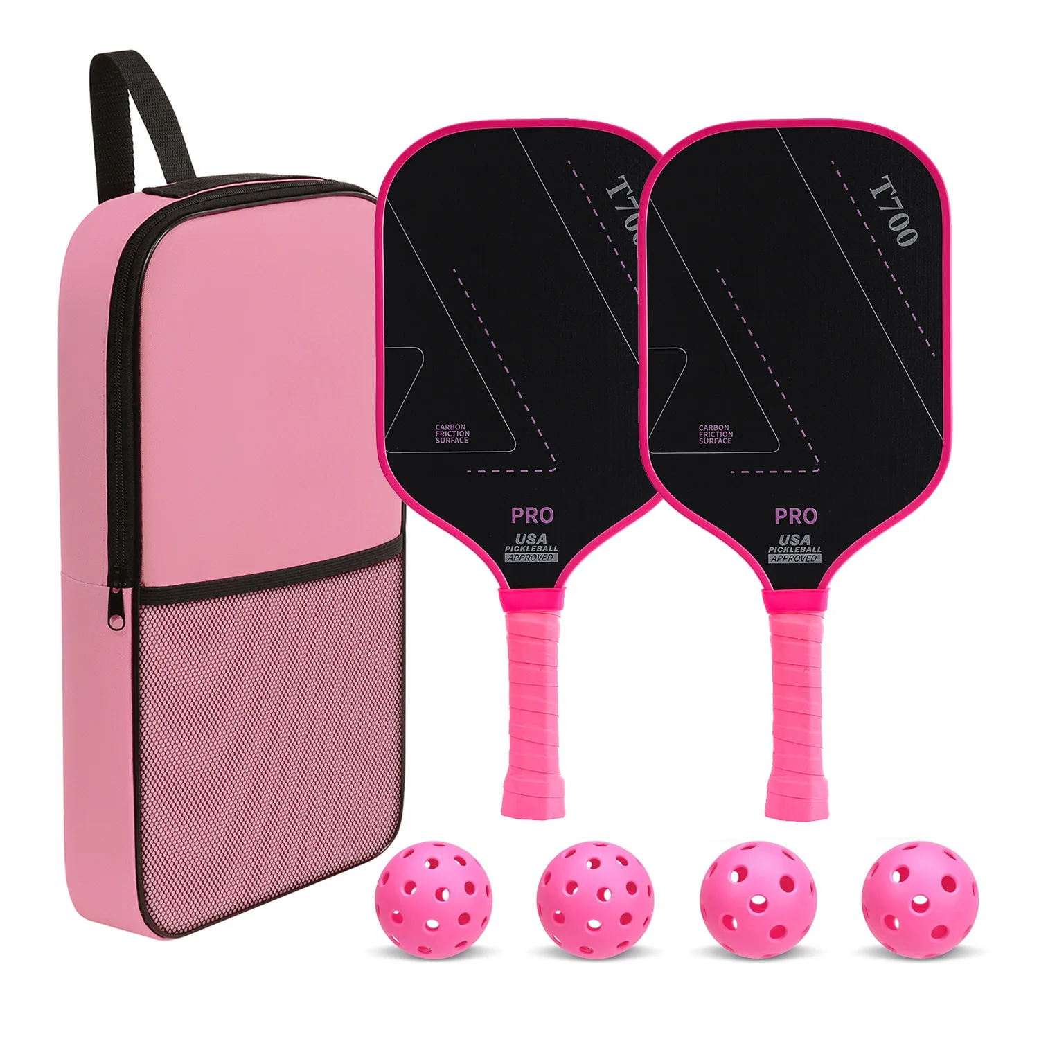 T700 Raw Carbon Fiber Pickleball Paddle for Pro Pink Racket Set with Bag Polymer Honeycomb Core Enhanced Power Spin Control 16MM