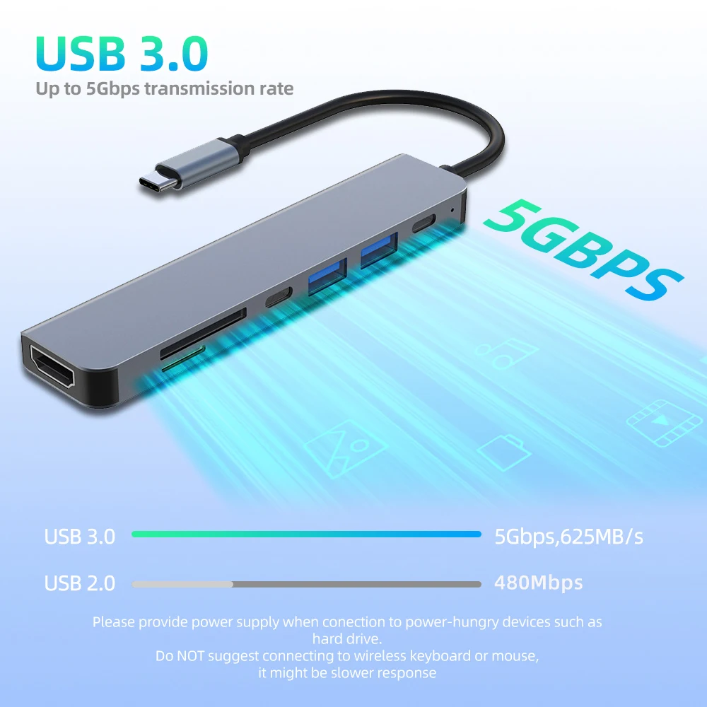 Hub USB-C 7 en 1 HDMI 4K PD 100W Lector SD Multipuerto