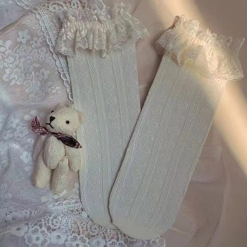 Women's Summer Spring Cotton Socks Thin White Lolita Lace Stocking Black Jk Bow Sweet Mid-leg Calf Socks Sweet Style Girls Gift 6