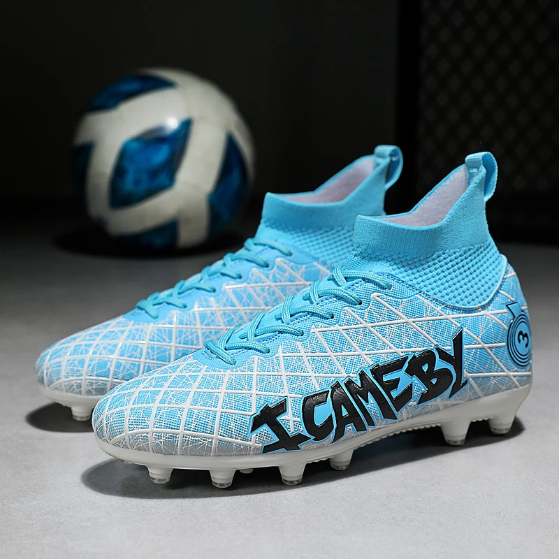 

Sky Blue Men Football Training Shoes with Socks Women Soccer Sport Sneakers Non-slip Long Spikes Teenager Soccer Football Shoes