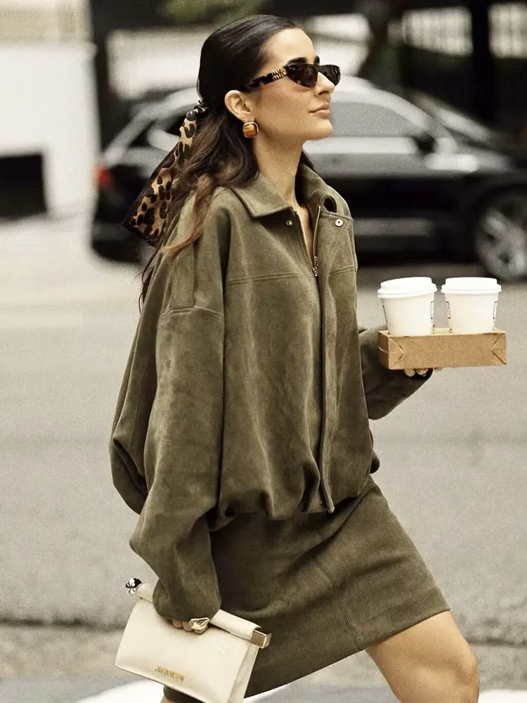 HH Women Vintage Green Suede Skirts Suits Long Sleeve Zipper Lapel Bomber Jackets Back Zipper Midi Skirt Fashion Streetwear