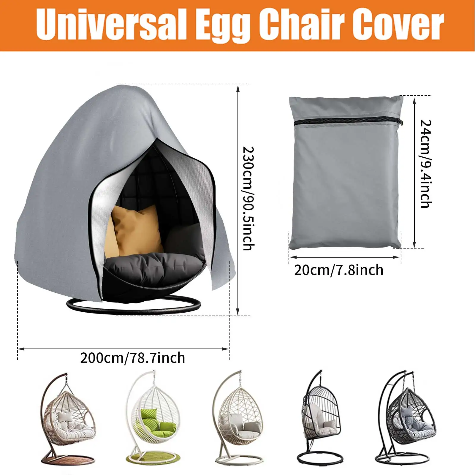 Waterproof Patio Hanging Egg Chair Cover Windproof Swing Egg Chair Cover Egg Chair Slipcover With Zipper and Adjustable Hem Cord 6