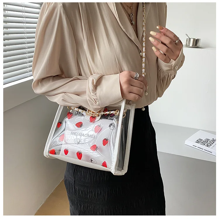 Borsa trasparente alla moda per donna Borsa a tracolla da donna da viaggio trasparente in PVC con borsa Borsa tote ecologica fragola di grande capacità_voghion.com