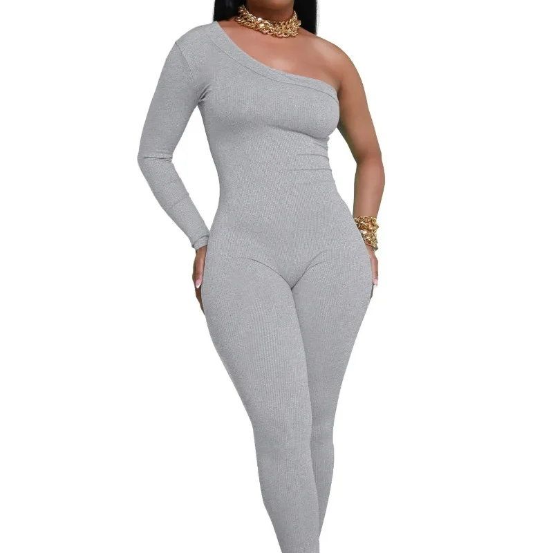 2023 Spring and Autumn Women's Diagonal Shoulder Solid Backless Elastic Bodycon Slim Fit Sexy England Style Fashion Jumpsuit