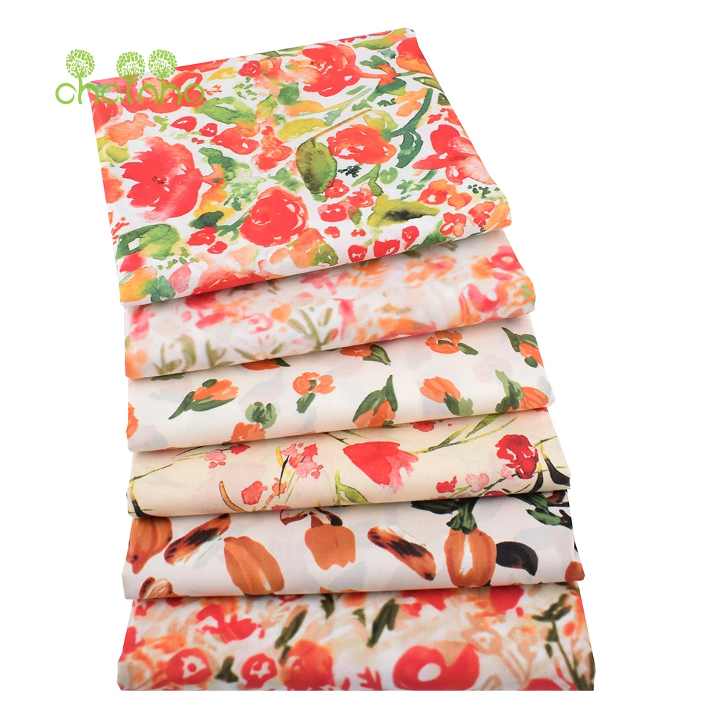 Chainho,Printed Plain Weave Poplin Cotton Fabric,DIY Quilting Sewing Material,Patchwork Cloth,Floral Series,3 Sizes,15PC152