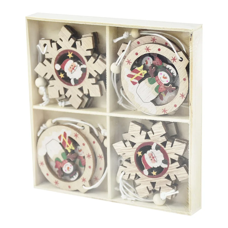 

12Pcs/Lot Christmas Stanta Snowflake Wooden Craft Xmas Tree Ornaments Hanging Pendant Decoration Home Navidad New Year Gifts