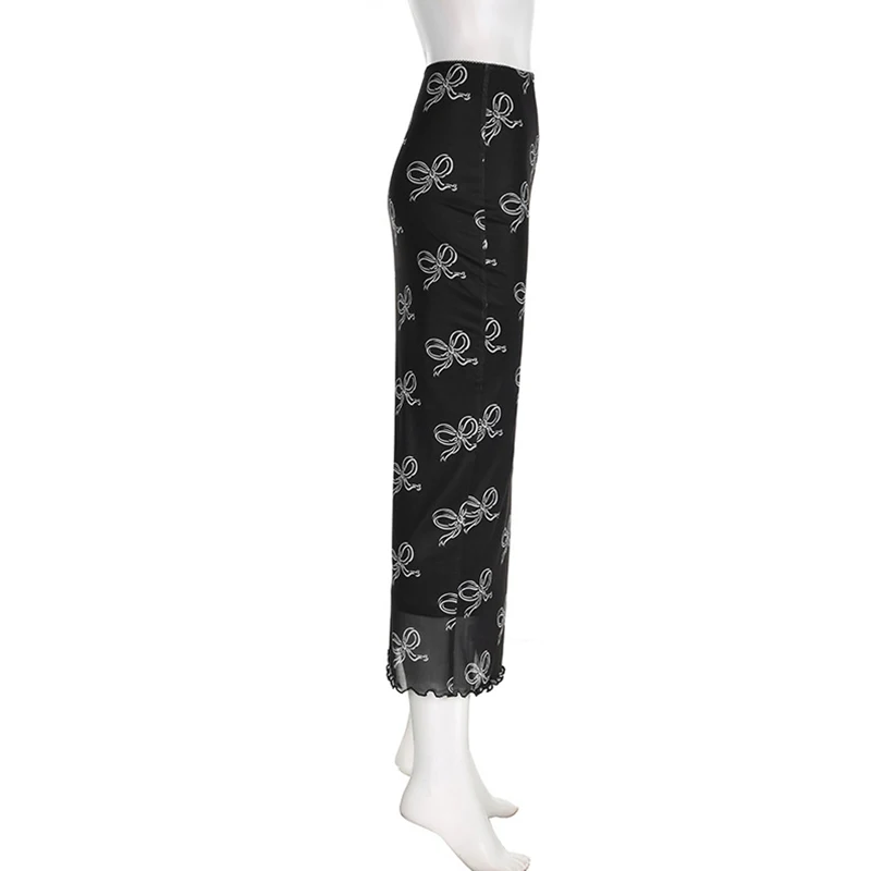 Falda Y2K Fairycore para mujer, con estampado de lazo y ribete de encaje, de cintura baja, de malla, ajustada, estilo grunge de los años 2000, para fiestas y ropa de calle.
