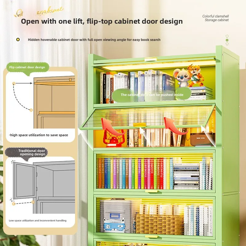 Steel bookcase with doors, children's home bookshelf, living room, floor to ceiling storage cabinet, dustproof bedroom storage c