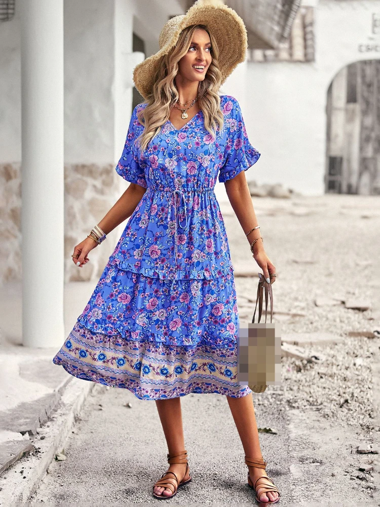 

New Fashion Women's Dress Printed V-neck Short Sleeve Commuter Strap Vestido Casual Party Dress for Women 2023