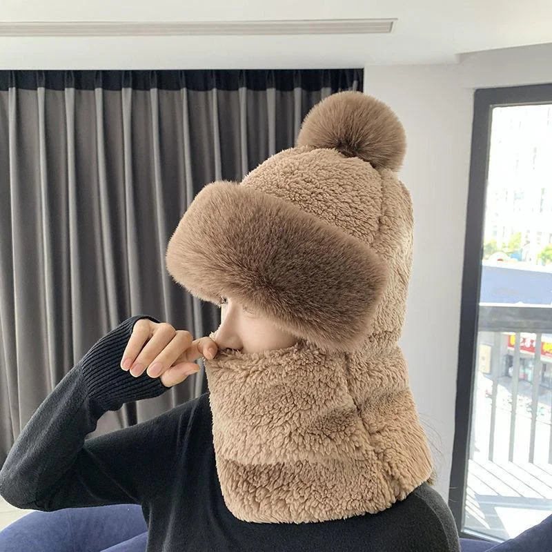 Winter Scarf Set Hooded for Women Plush Neck Warm Russia Outdoor Ski Windproof Hat Thick Plush Fluffy Beanies 3