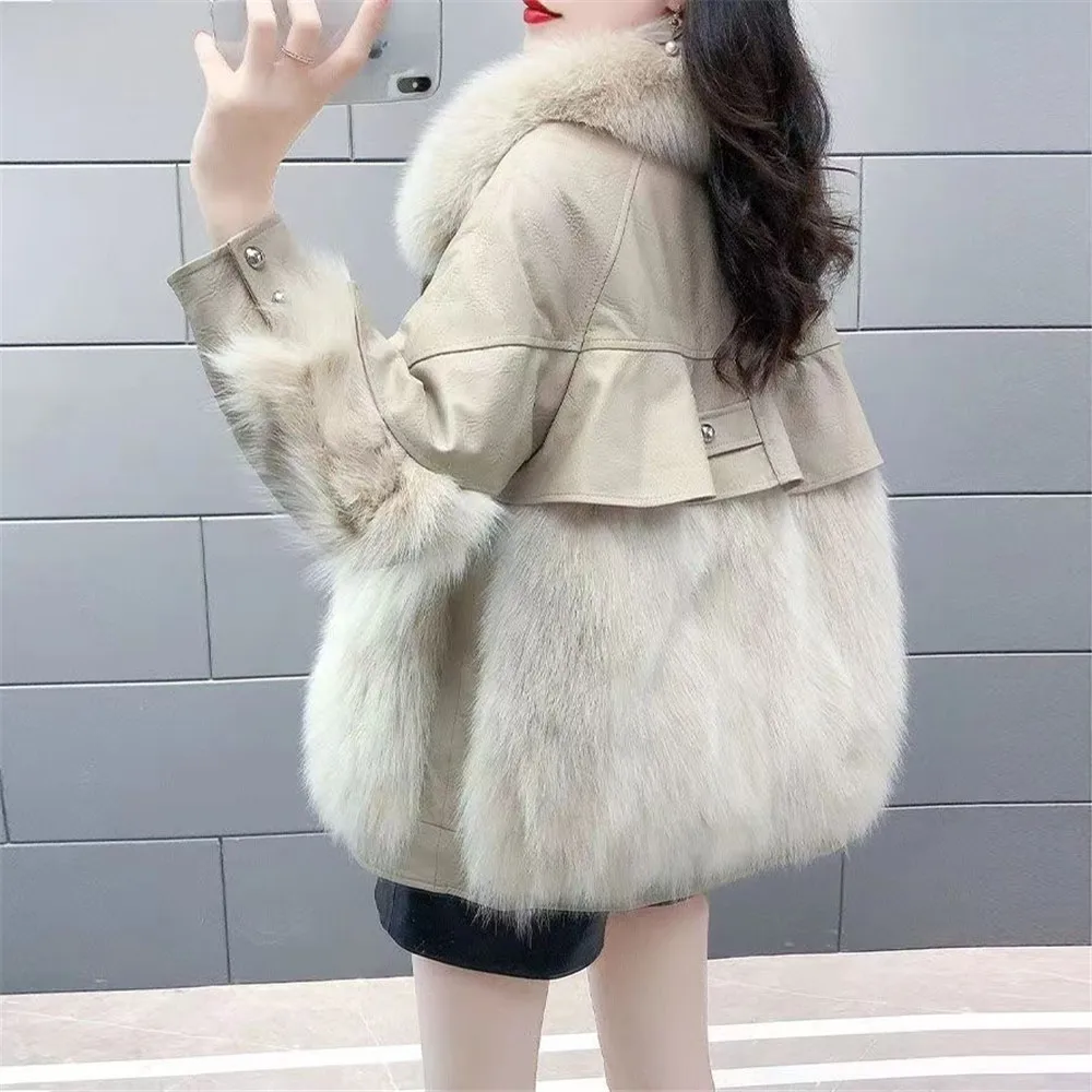 Women'S PU Leather Loose Coat, Faux Fox Hair, Splice, Mid-Length, Thickened, Warm, Fashion, New, Winter, 2024