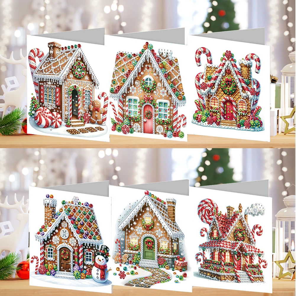 6Pcs Xmas Pattern Rhinestone Diamond Art Mosaic Postcards DIY Diamond Painting Greeting Card Set for Festivals and Celebrations