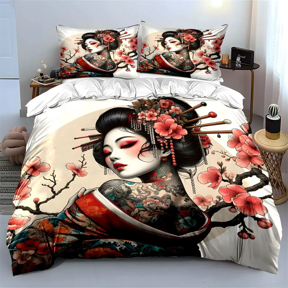 Geisha with tattoo and cherry blossoms Printed Duvet Cover Set1 Duvet Cover+2 Pillowcase Multi Size Bedroom Bedding Decor 3