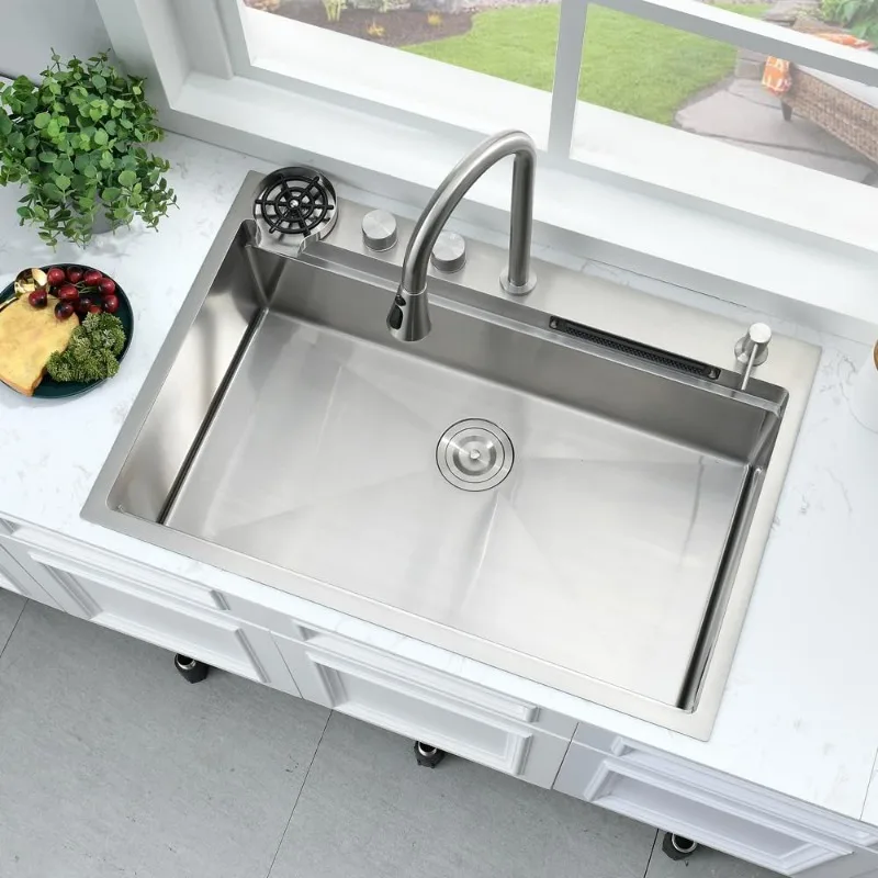 33 Inch Drop In Waterfall Kitchen Sink with Faucet Combo Workstation-Bokaiya 33x22 Waterfall Sink Drop In Smart 16 Gauge Multifu 2