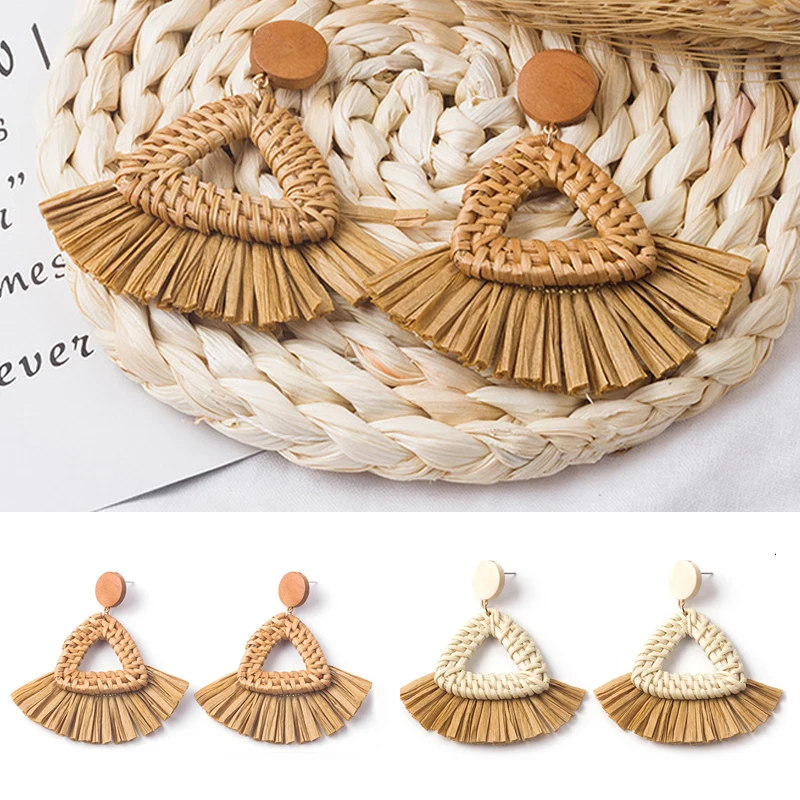Nuovi Orecchini Di Paglia Lavorati A Maglia In Rattan Fatti A Mano Per Le Donne Waterdrop Square Nappa Rattan Wicker Woven Drop Earring Jewelry Gift